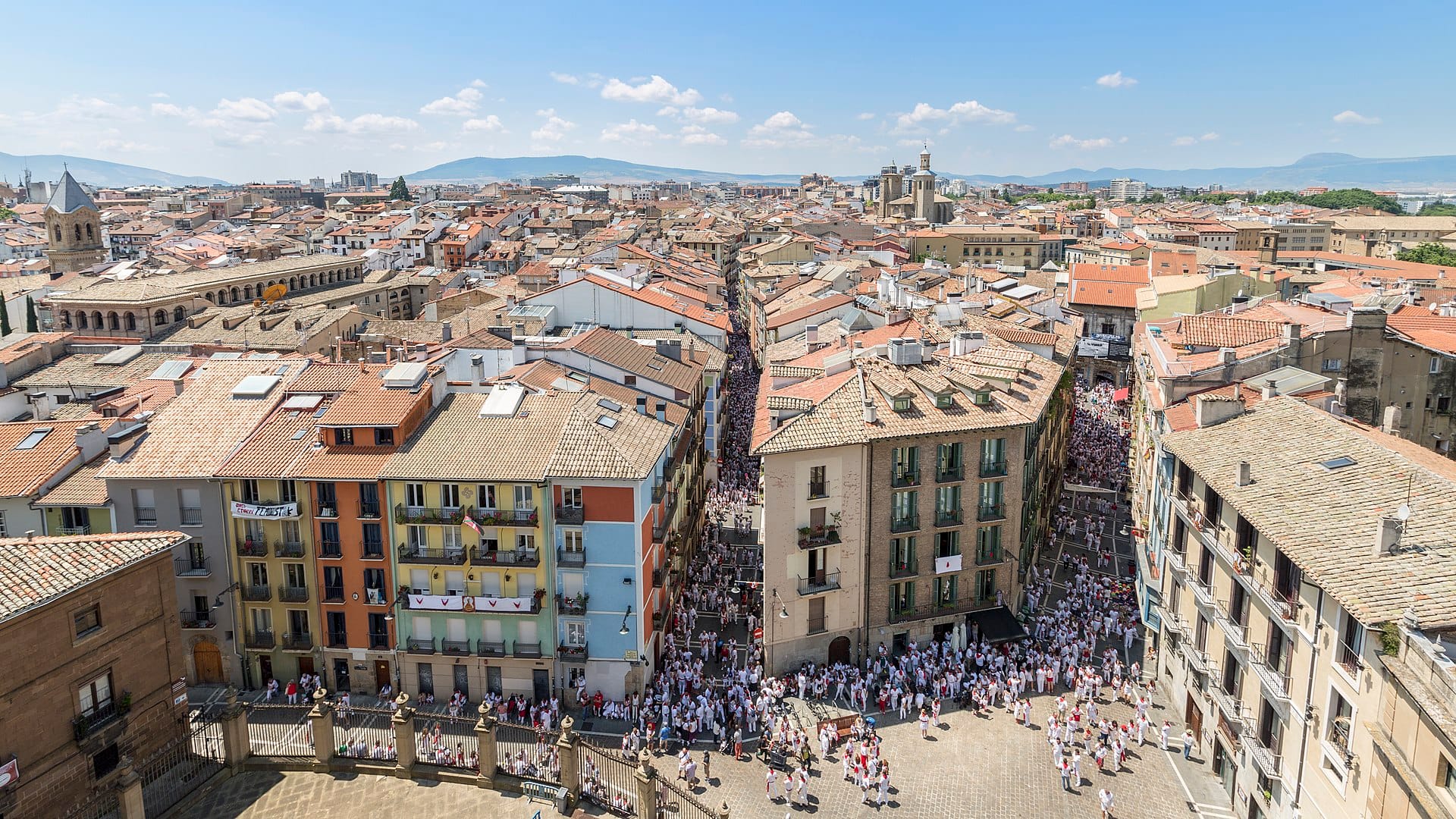 Pamplona during the San Fermín festival, view of the old town